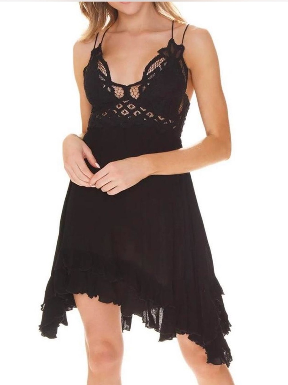 NWT Free People Adella Black Lace Bodice Spaghetti Strap Slip Dress Size XS